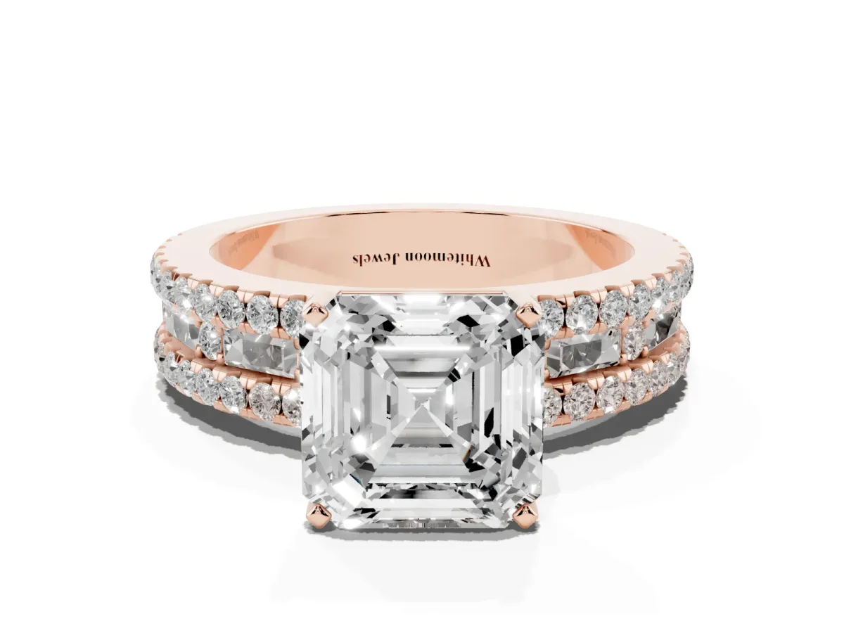 Asscher Cut Diamond Solitaire Ring with Pavé and Channel Set Band Rose gold