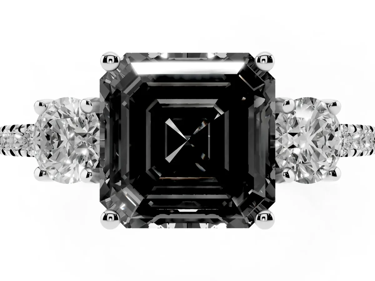 Fancy Black Three-Stone Asscher Cut Cut Diamond Pavé Band with Prong Setting White gold