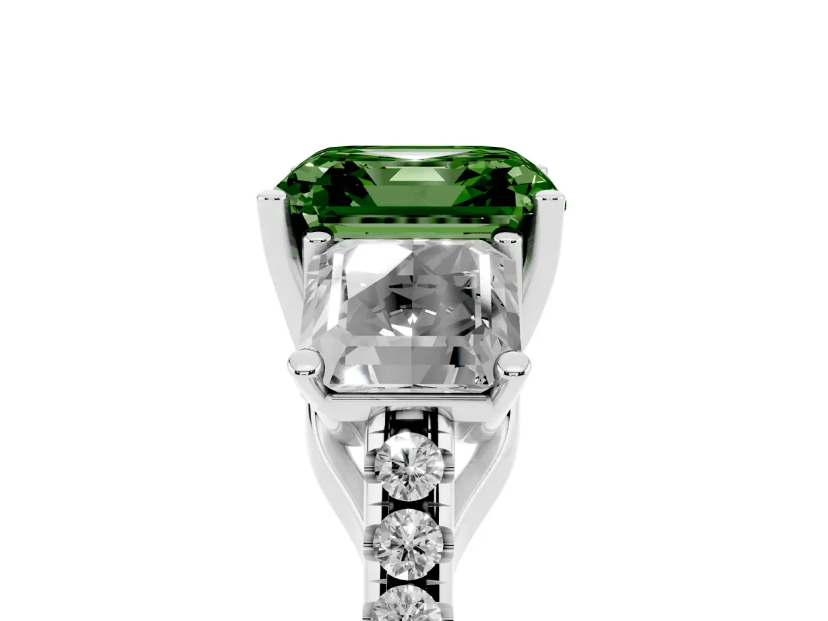 Fancy Green Three-Stone Asscher Cut Diamond Ring with Round Pavé Band and Prong Setting Silver