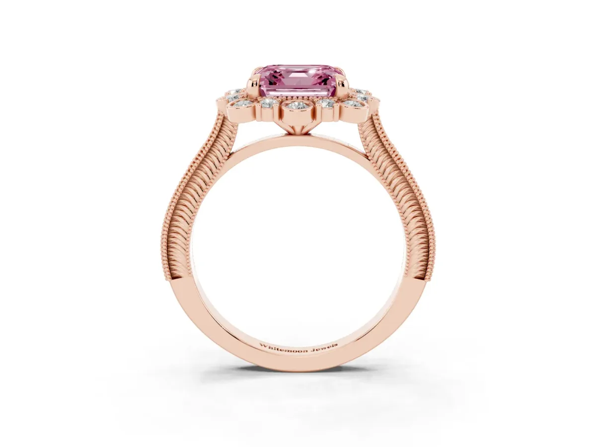 Fancy Pink Asscher Cut Halo Milgrain Pave Diamond Ring with Four-Prong Setting Rose gold