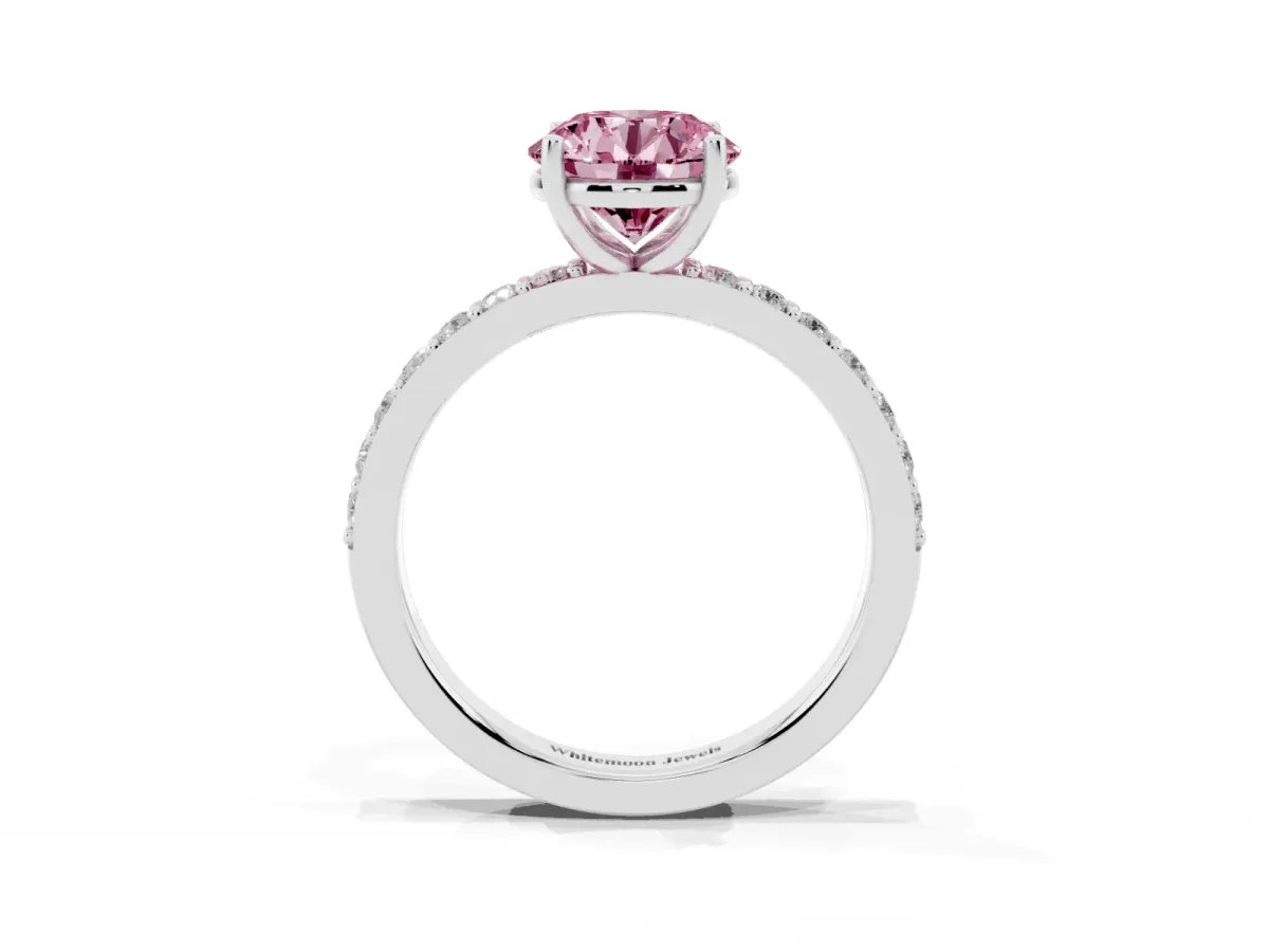 Fancy Pink Round Cut Cut Diamond Solitaire with Pave Band and Four-Prong Setting Silver