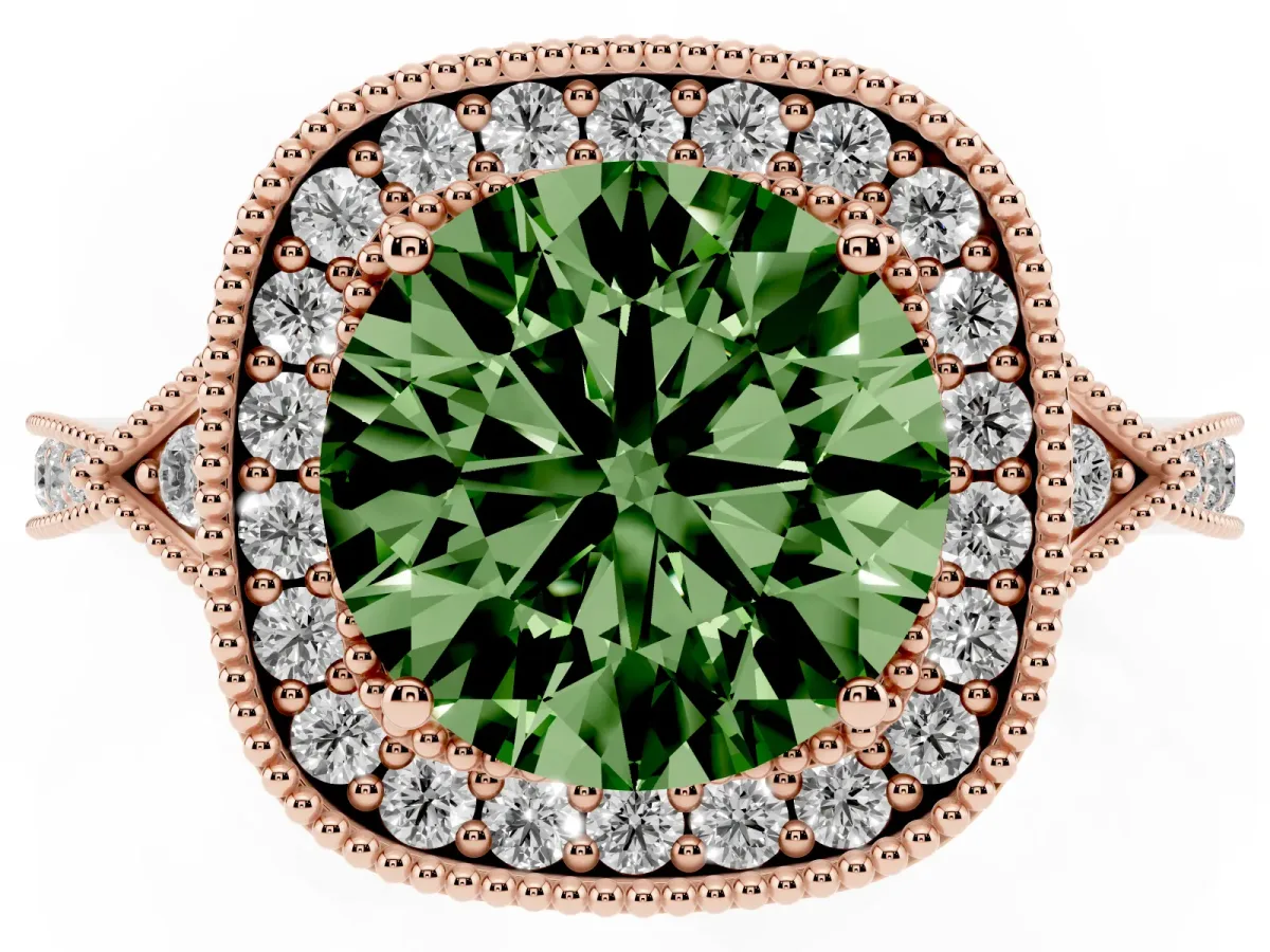 Fancy Green Round Cut Halo Round Diamond Milgrain Pave Engagement Ring Rose gold