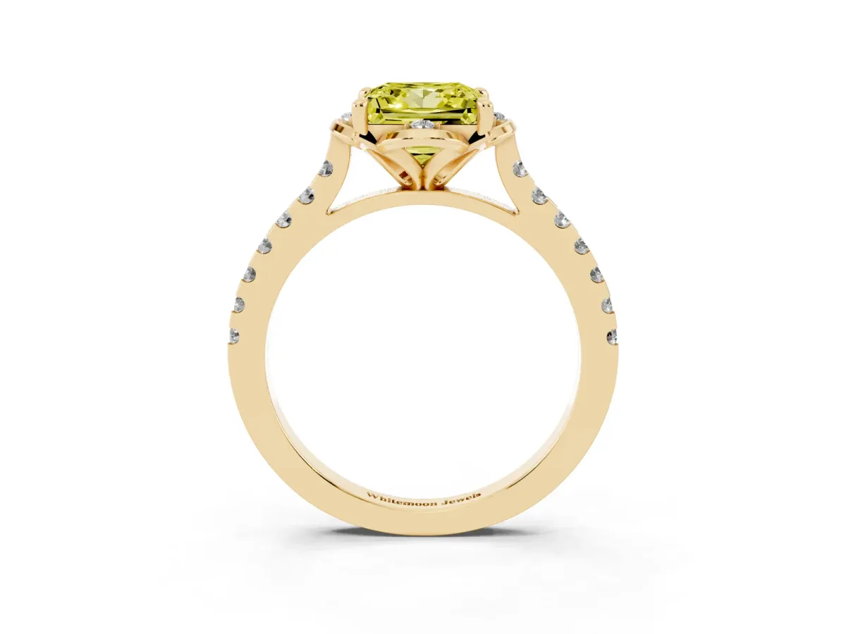 Fancy Yellow Princess Cut Diamond Ring with Pavé Band and Floral Prong Setting Yellow gold
