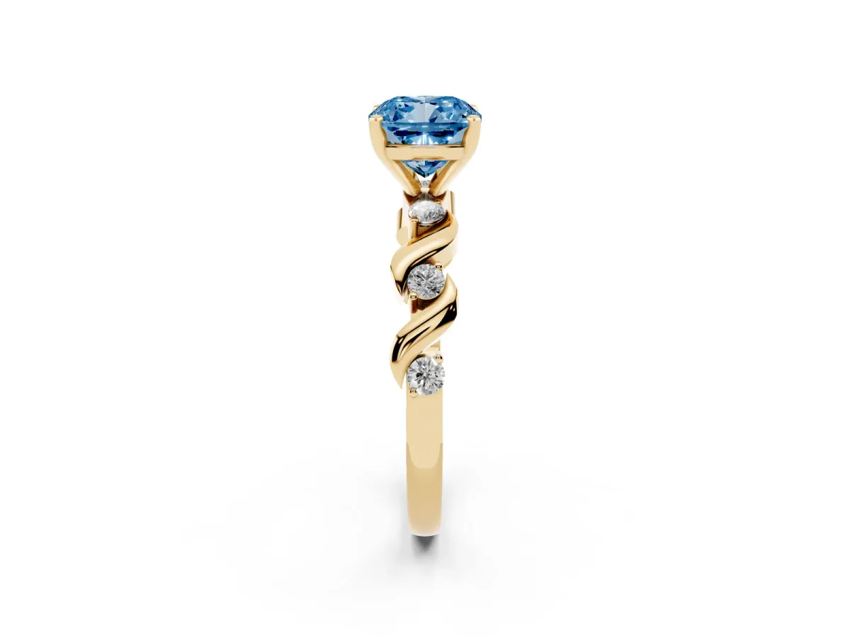 Fancy Blue Cushion Cut Diamond Solitaire Twisted Band with Round Accents and Prong Setting Yellow gold