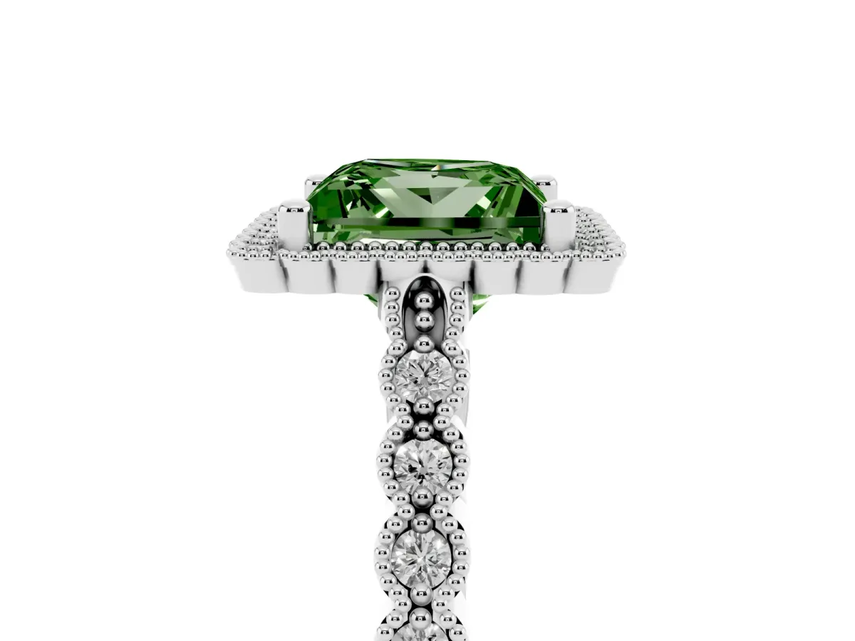 Fancy Green Princess Cut Cut Halo Pavé Solitaire Ring with Milgrain Band Platinum