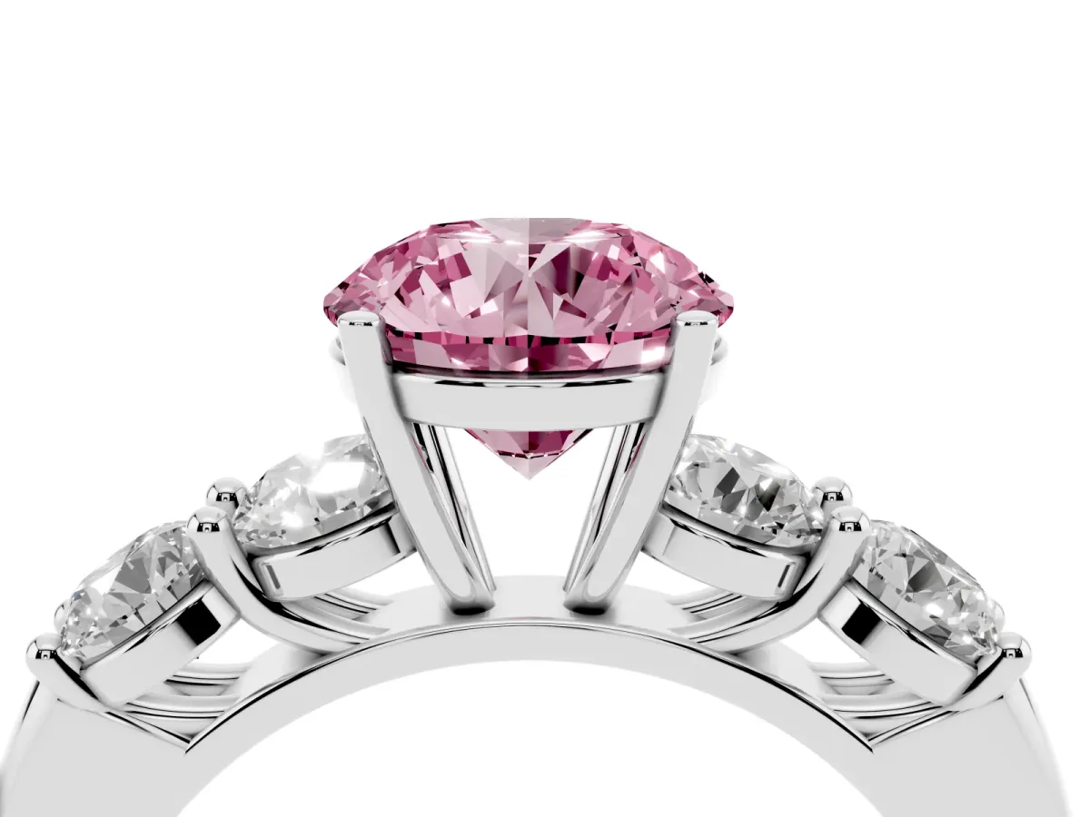 Fancy Pink Round Cut Cut Five-Stone Prong Set Diamond Ring with Classic Band Silver
