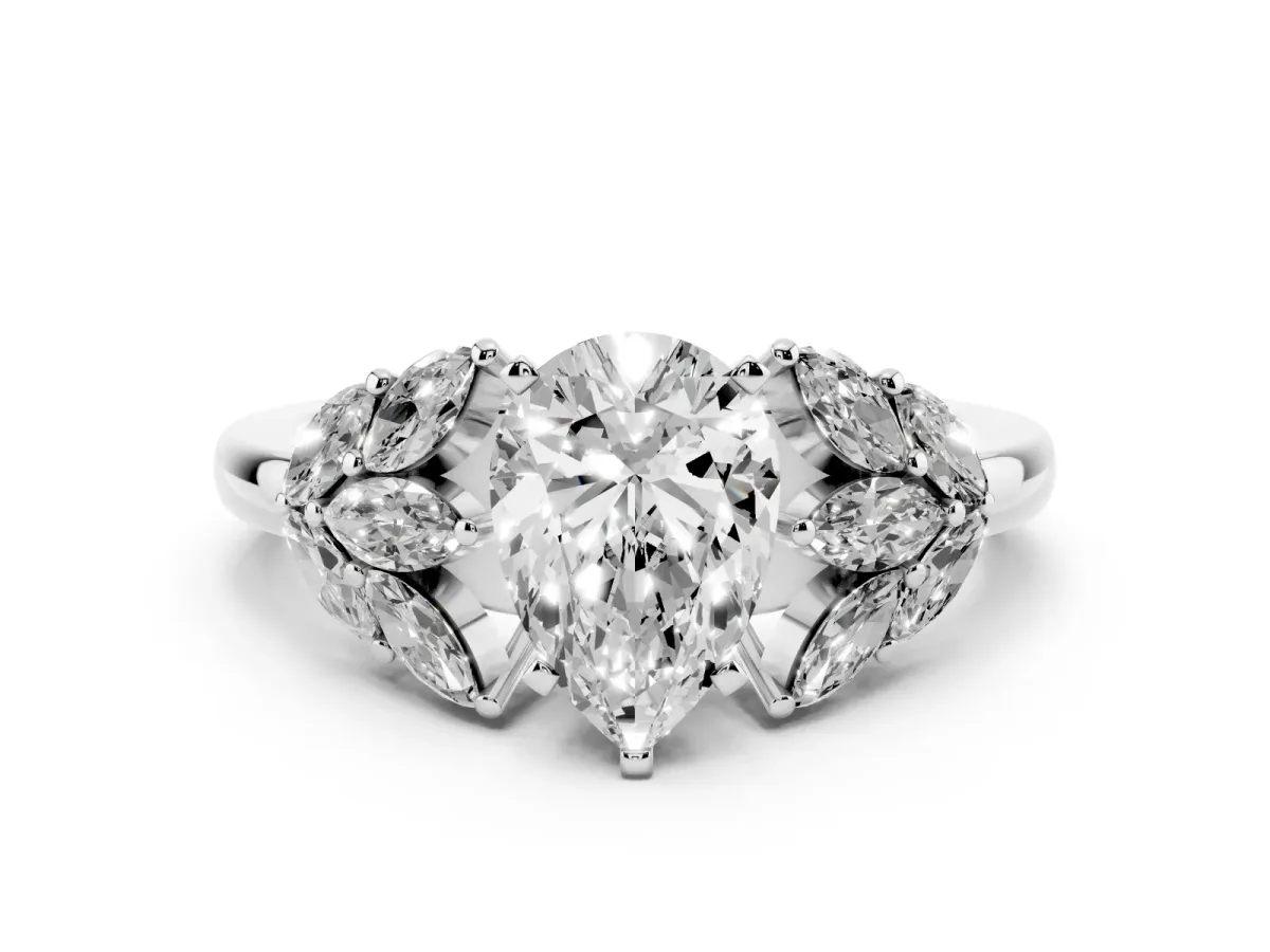 Pear Cut Diamond Cluster Leaf Design Ring with Prong Setting Silver