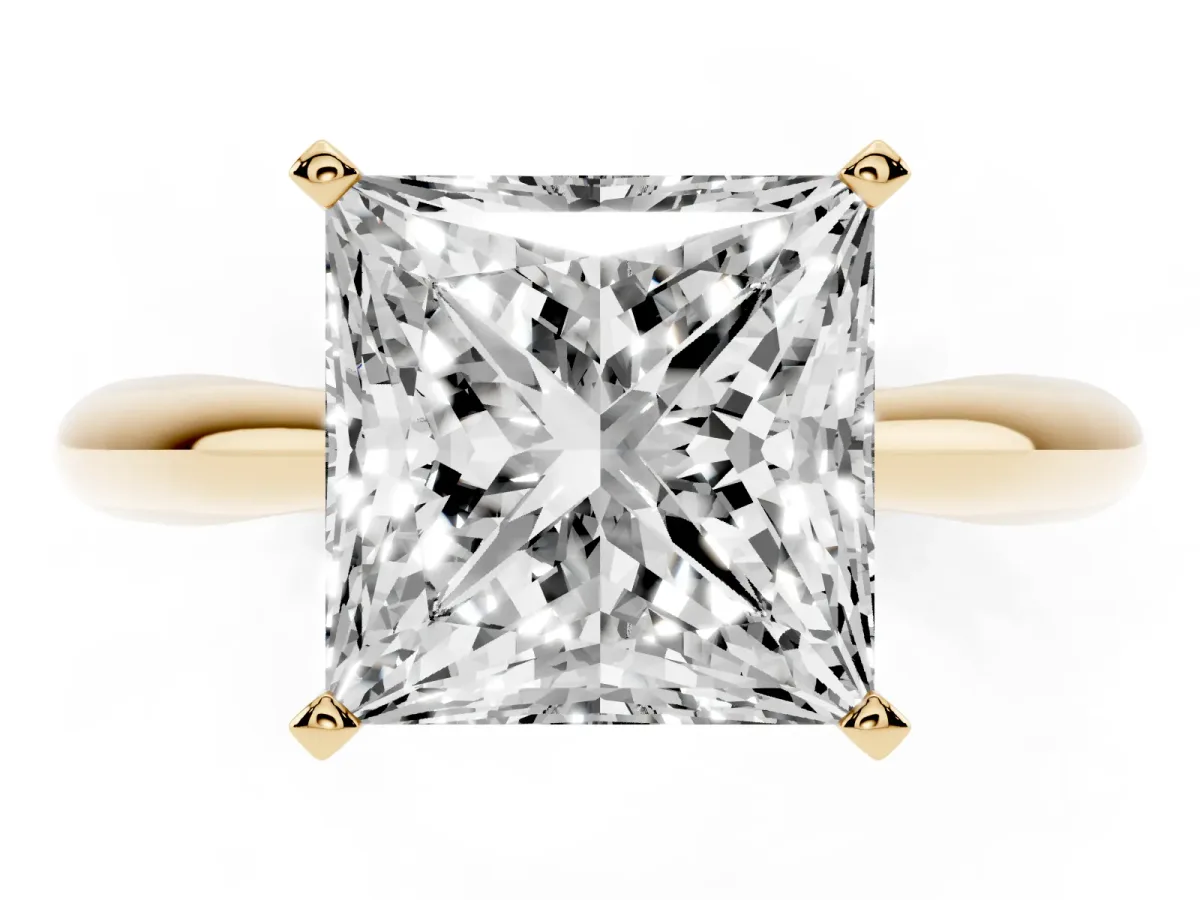 Princess Cut Diamond Solitaire Engagement Ring with Cathedral Setting and Four-Prong Mount Yellow gold