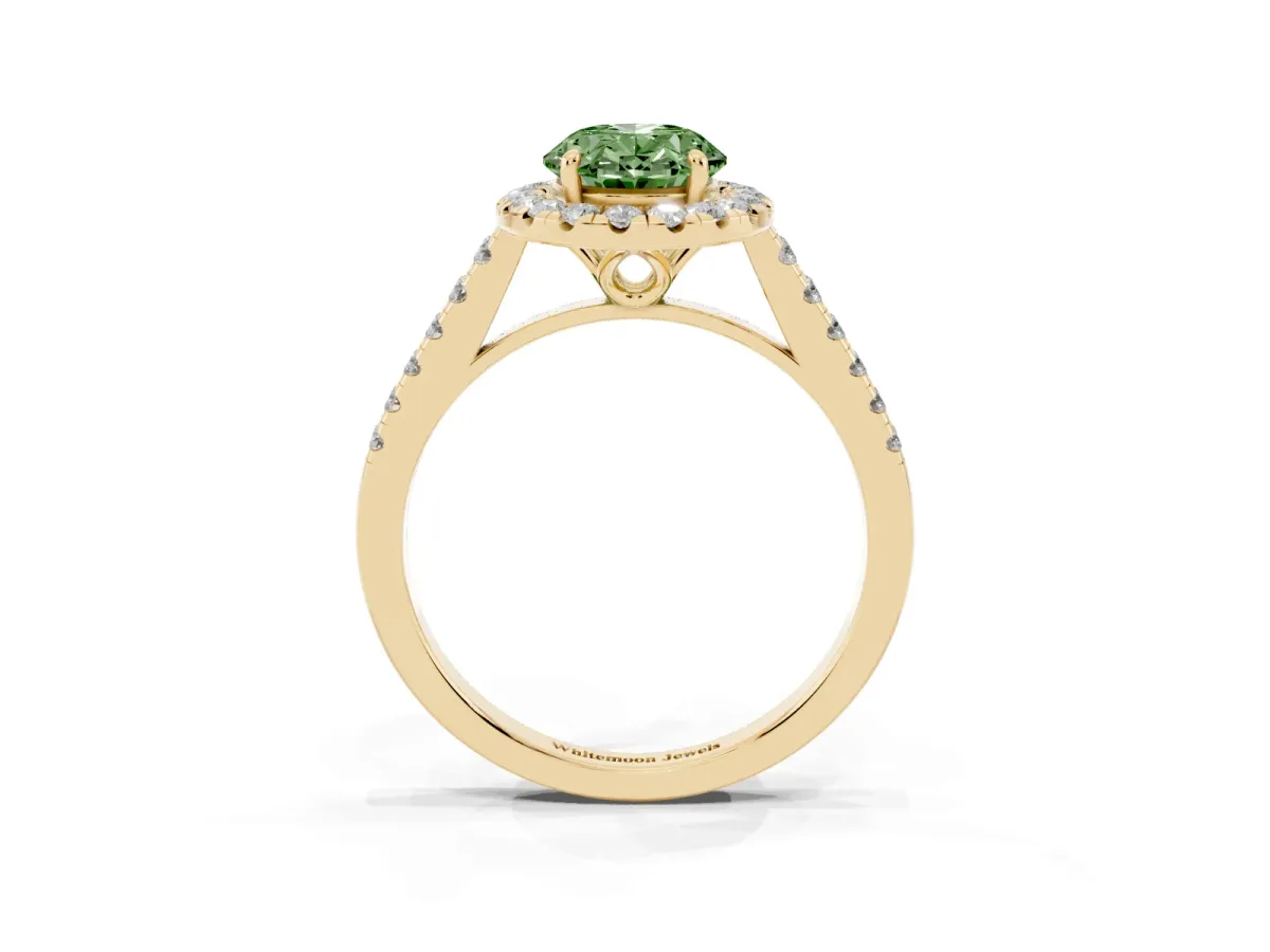 Fancy Green Oval Cut Halo Pavé Diamond Engagement Ring with Four-Prong Setting Yellow gold