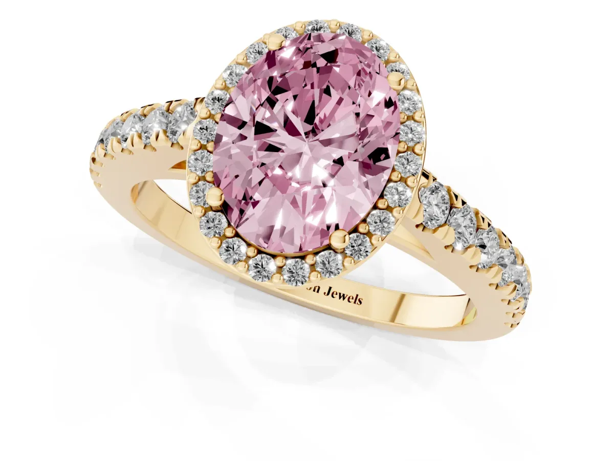 Fancy Pink Oval Cut Cut Halo Diamond Engagement Ring with Pave Band and Four-Prong Setting Yellow gold
