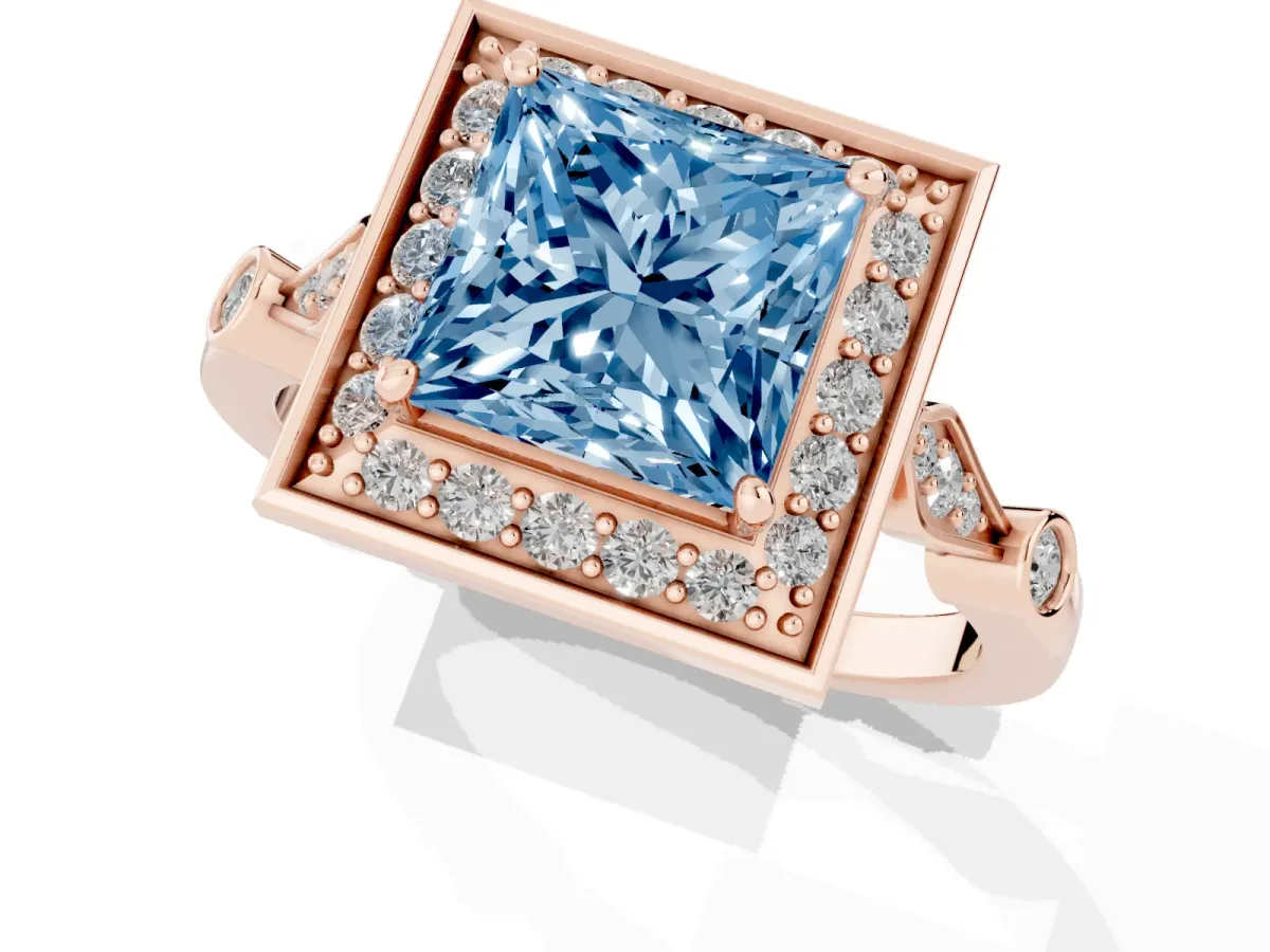 Fancy Blue Princess Cut Halo Diamond Engagement Ring with Twisted Band and Four-Prong Setting Rose gold