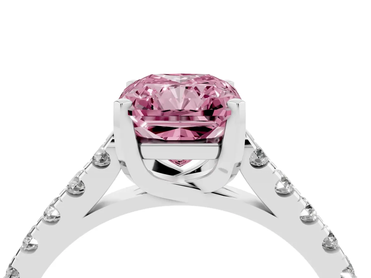 Fancy Pink Radiant Cut Diamond Pavé Band Solitaire Ring with Prong Setting Silver