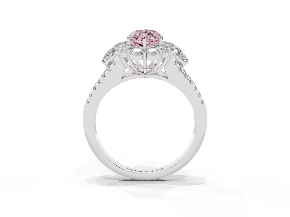 Fancy Pink Marquise Cut Halo Split Shank Diamond Engagement Ring with Prong Setting Silver
