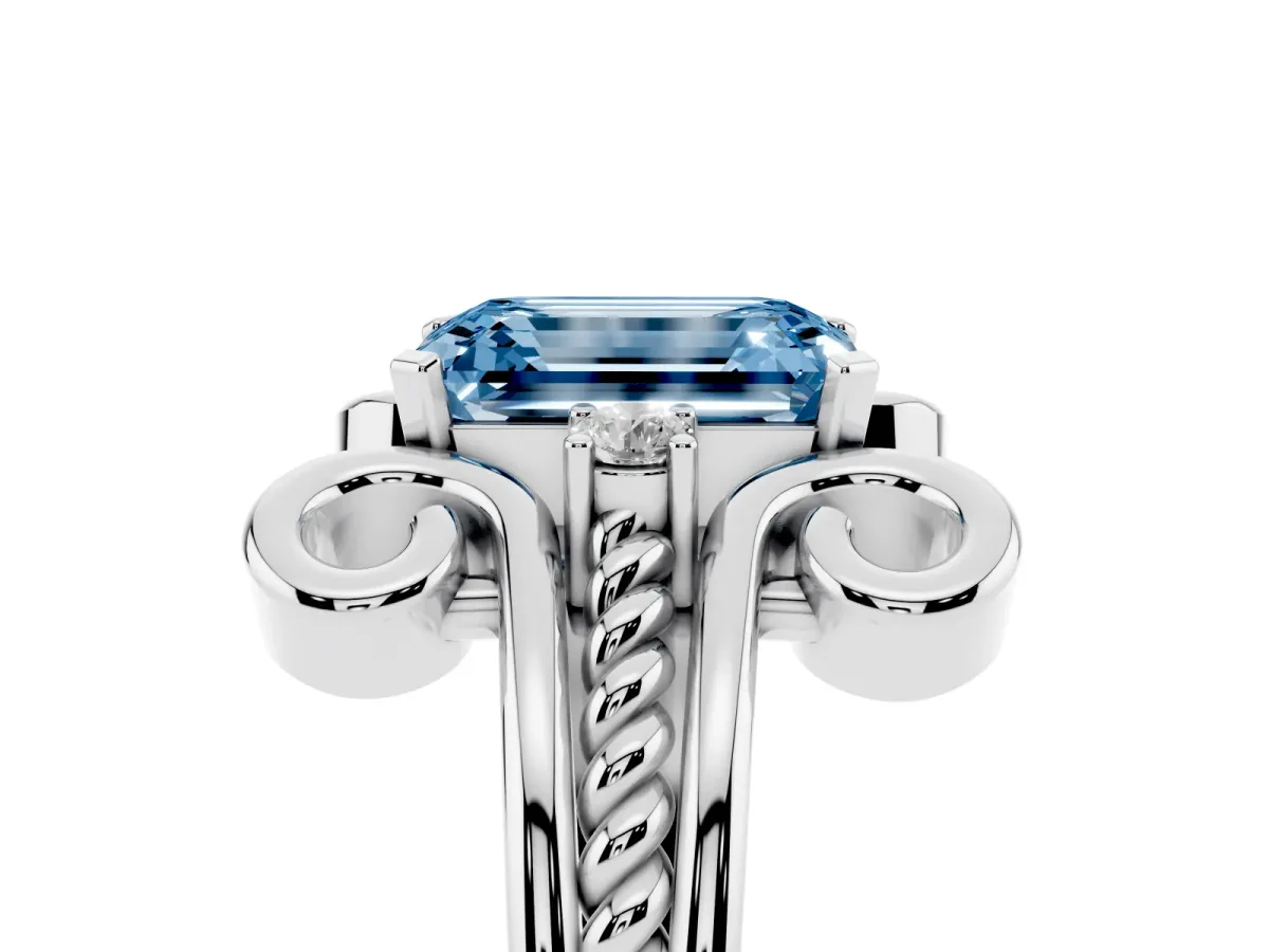 Fancy Blue Emerald Cut Solitaire Twisted Band Scroll Prong Ring Platinum