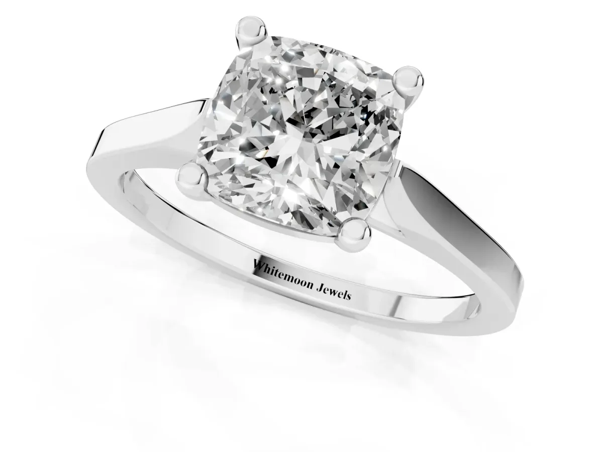 Cushion Cut Solitaire Diamond Ring with Four-Prong Setting and Tapered Band Silver