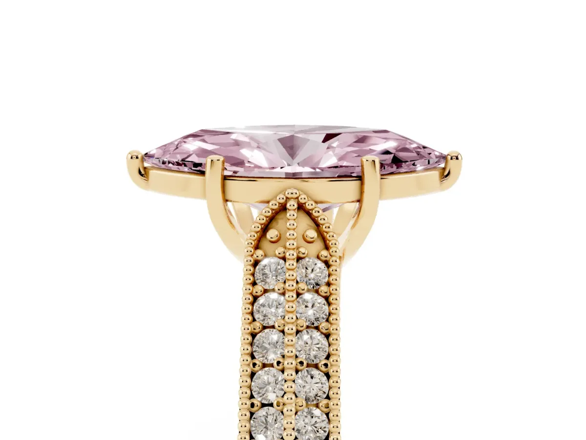 Fancy Pink Marquise Cut Cut Pave Split Shank Engagement Ring with Four-Prong Setting Yellow gold