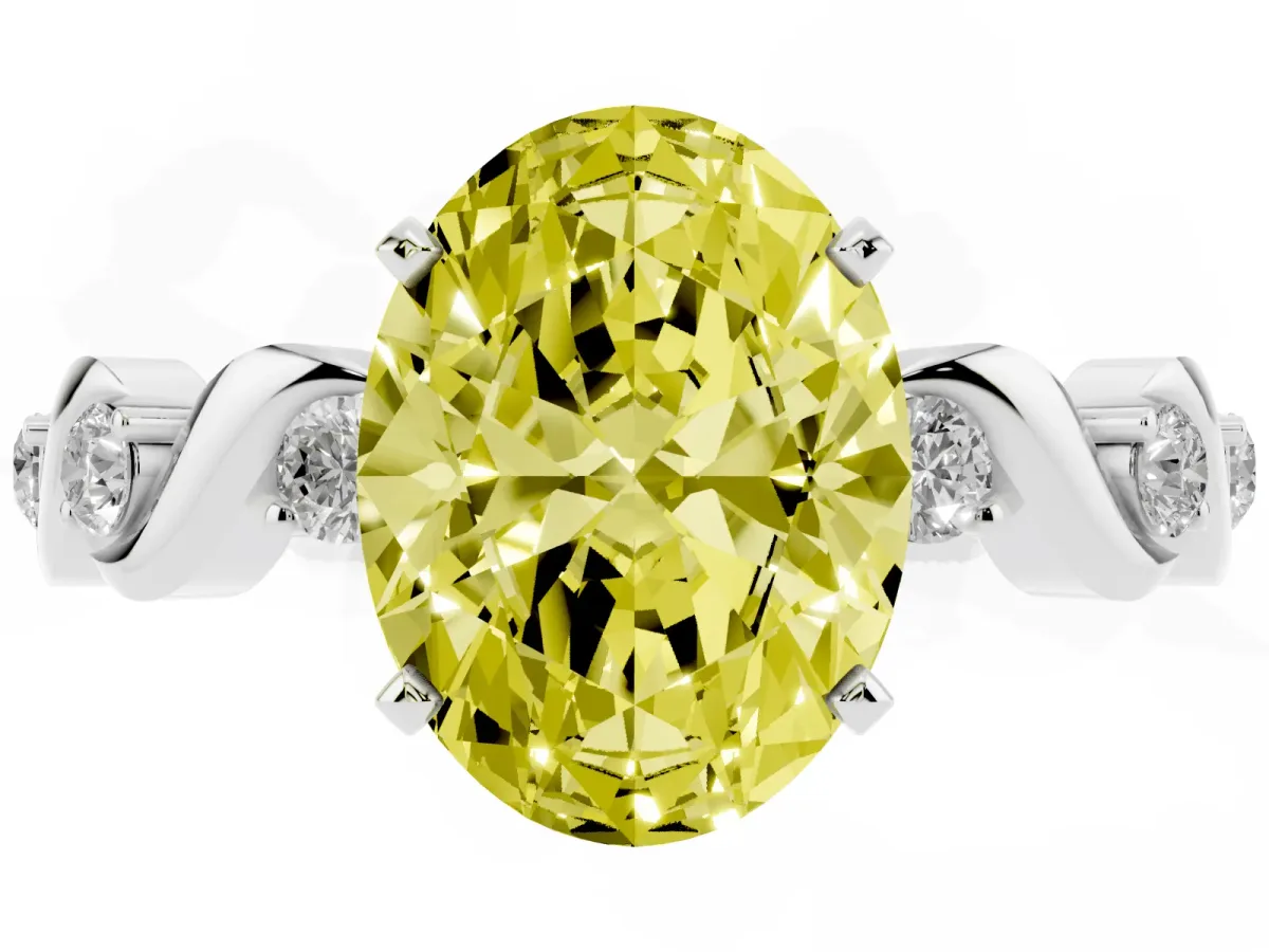 Fancy Yellow Oval Cut Diamond Solitaire Twisted Band with Round Accents and Prong Setting Silver