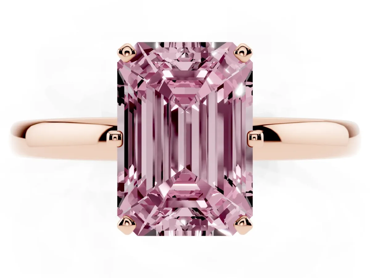 Fancy Pink Emerald Cut Solitaire Diamond Ring with Six-Prong Setting on a Classic Band Rose gold