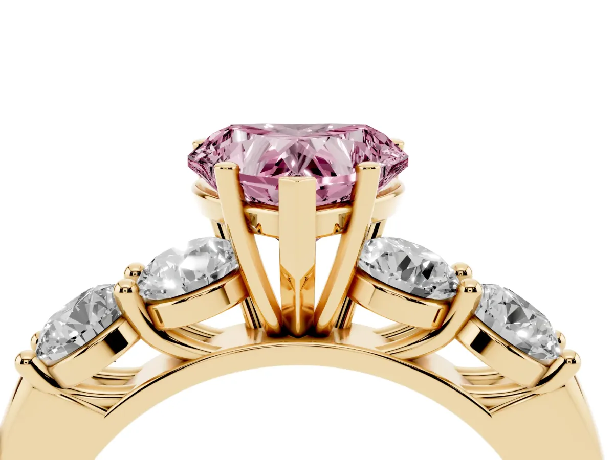 Fancy Pink Heart Cut Cut Five-Stone Prong Set Diamond Ring with Classic Band Yellow gold