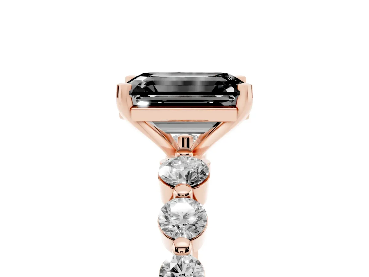 Fancy Black Emerald Cut Solitaire Diamond Ring with Pave Band and Four-Prong Setting Rose gold