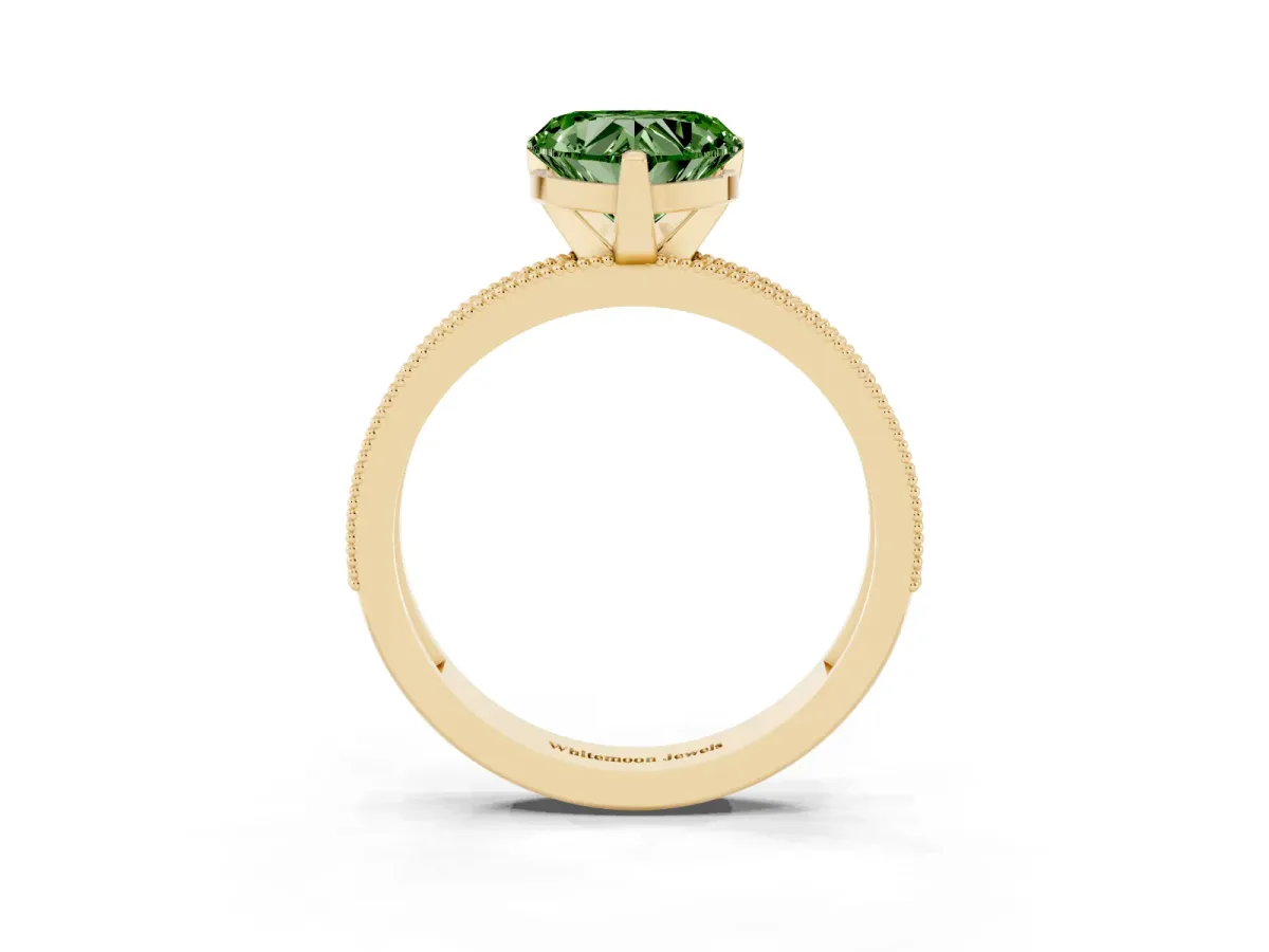 Fancy Green Heart Cut Diamond Milgrain Pavé Engagement Ring with Four-Prong Setting Yellow gold