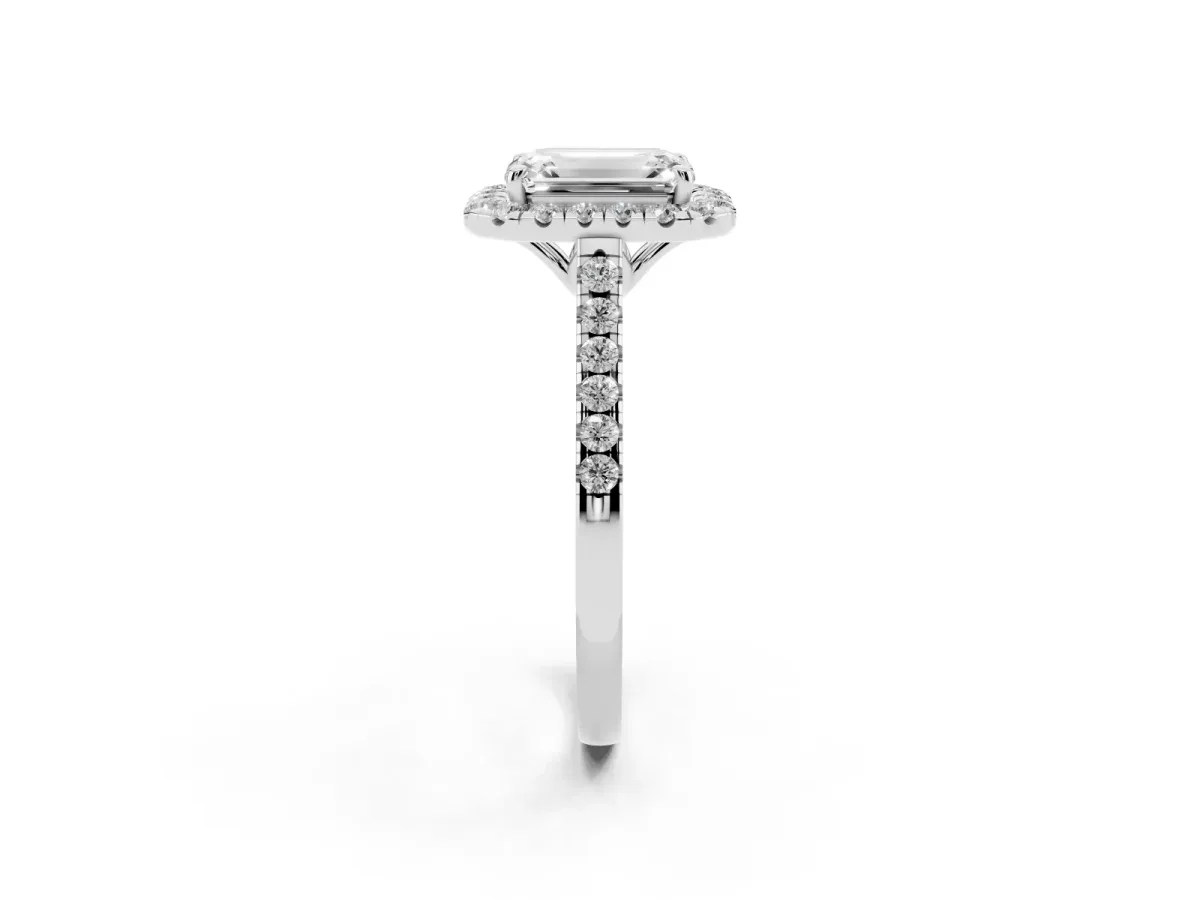 Emerald Cut Halo Pavé Diamond Engagement Ring with Four-Prong Setting Platinum
