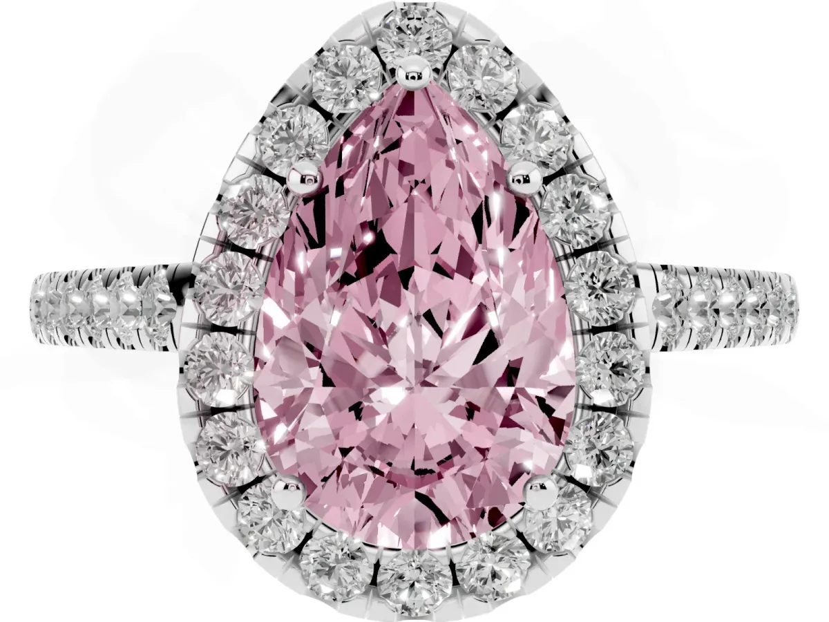 Fancy Pink Pear Cut Halo Pave Diamond Engagement Ring with Four-Prong Setting Silver