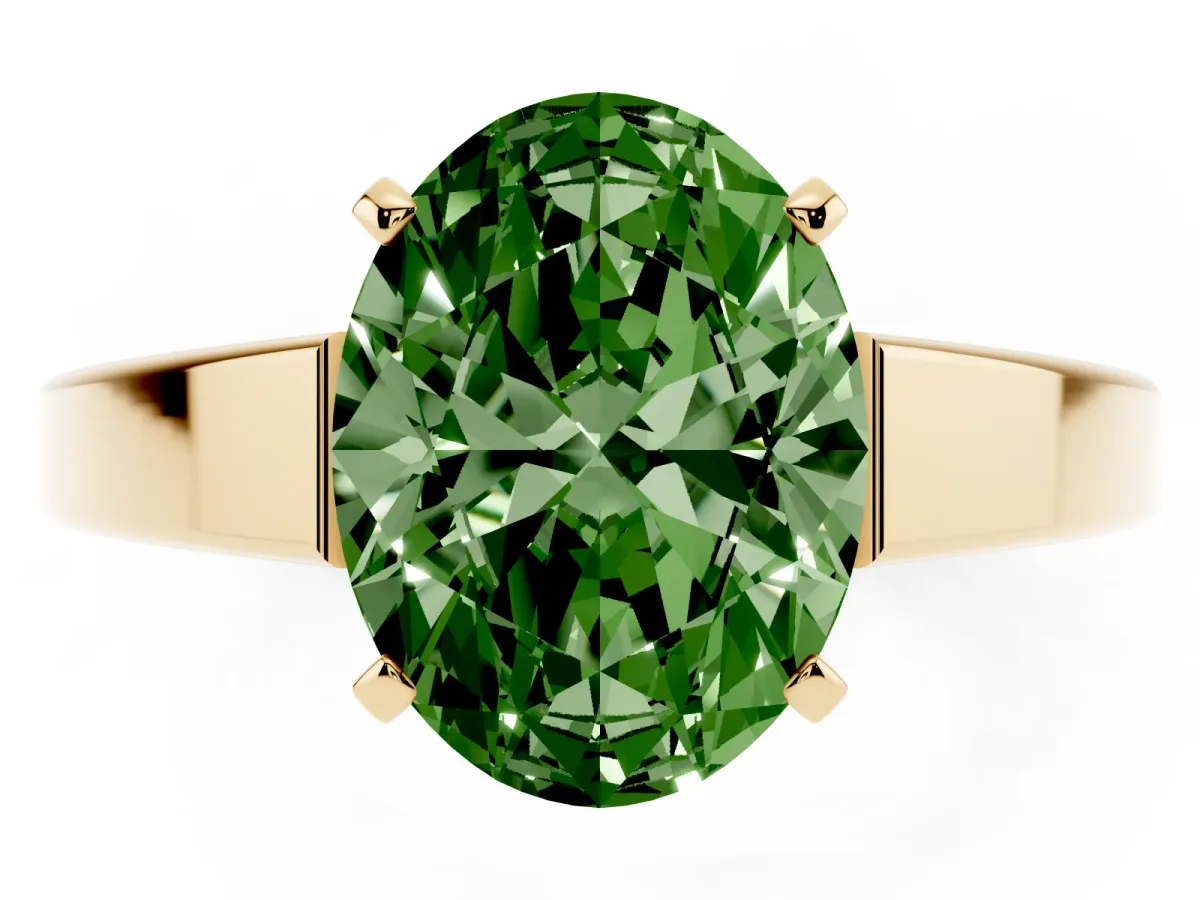 Fancy Green Oval Cut Solitaire Engagement Ring with Four-Prong Setting and Tapered Band Yellow gold