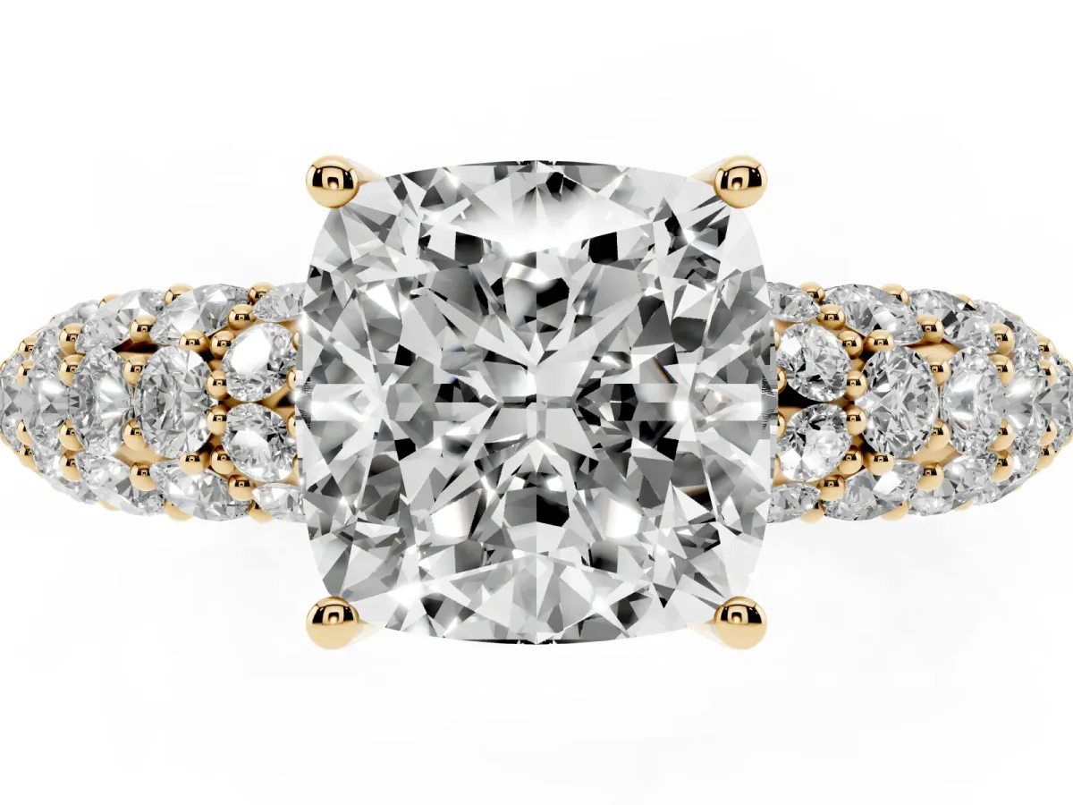 Cushion Cut Diamond Pavé Band Solitaire Ring with Four-Prong Setting Yellow gold