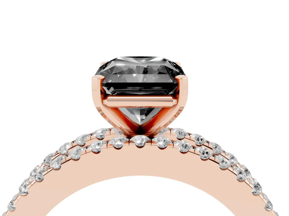 Fancy Black Radiant Cut Diamond Solitaire Ring with Pavé and Channel Set Band Rose gold