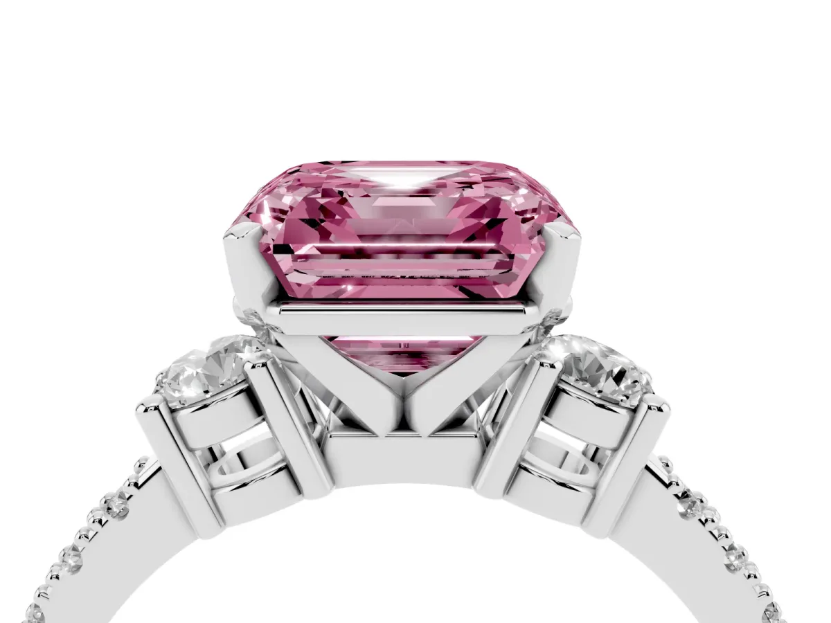 Fancy Pink Asscher Cut Three-Stone Diamond Pavé Band with Prong Setting Silver