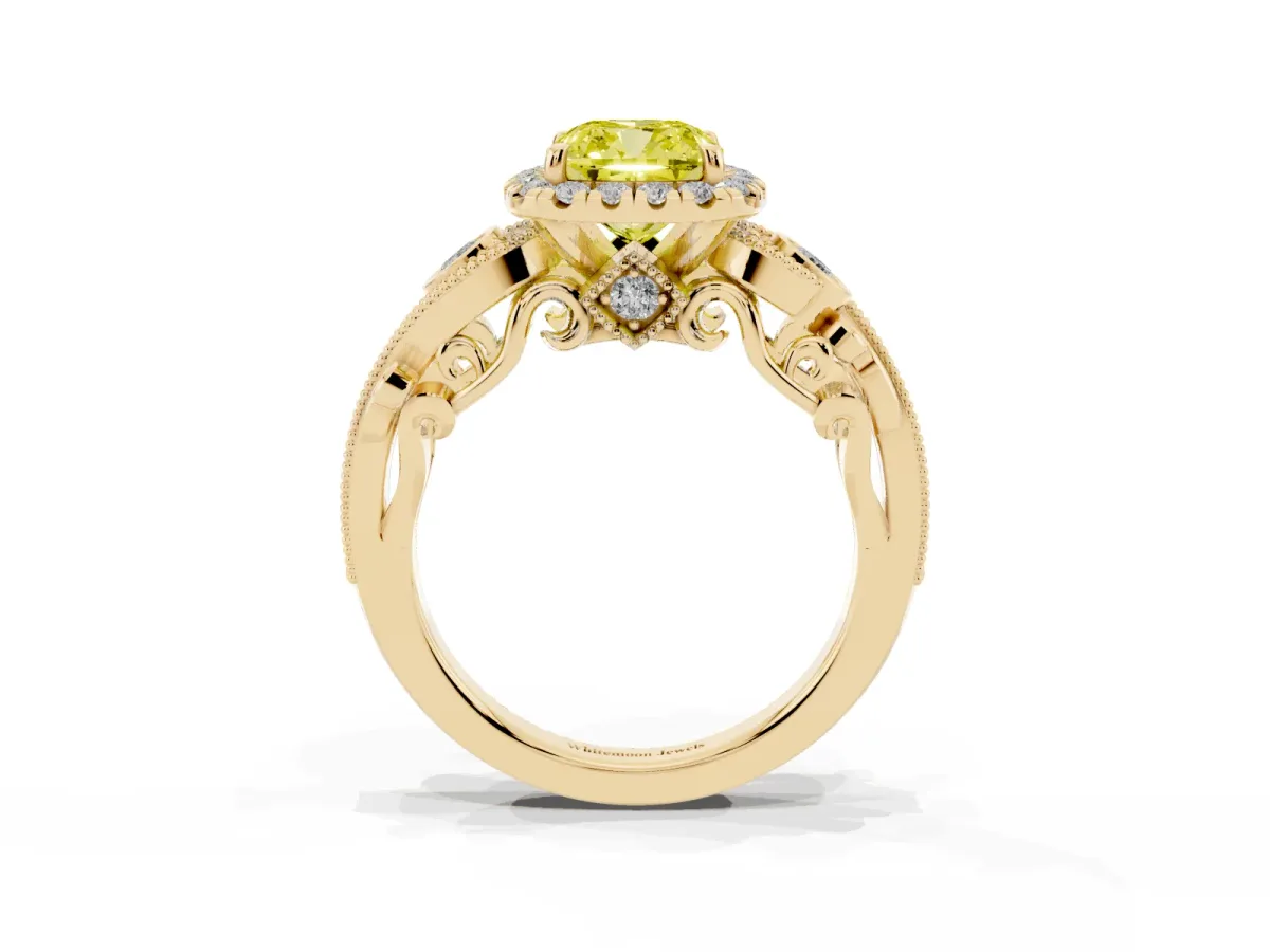 Fancy Yellow Cushion Cut Halo Diamond Ring with Milgrain and Bezel Accents on a Split Shank Band Yellow gold
