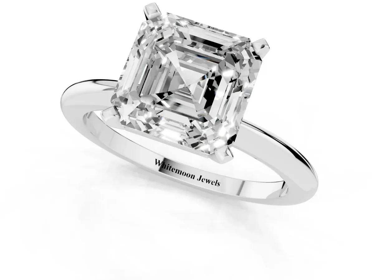 Asscher Cut Diamond Solitaire Ring with Prong Setting and Classic Band Silver