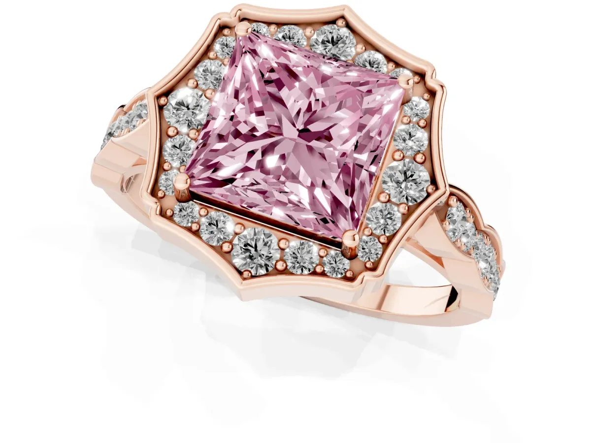 Fancy Pink Princess Cut Halo Diamond Engagement Ring with Milgrain Band and Four-Prong Setting Rose gold