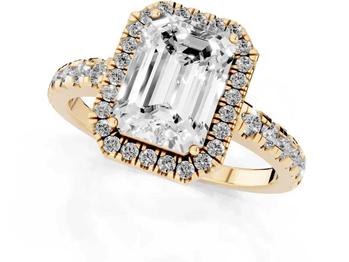 Emerald Cut Diamond Halo Ring with Pavé Band and Four-Prong Setting Yellow gold