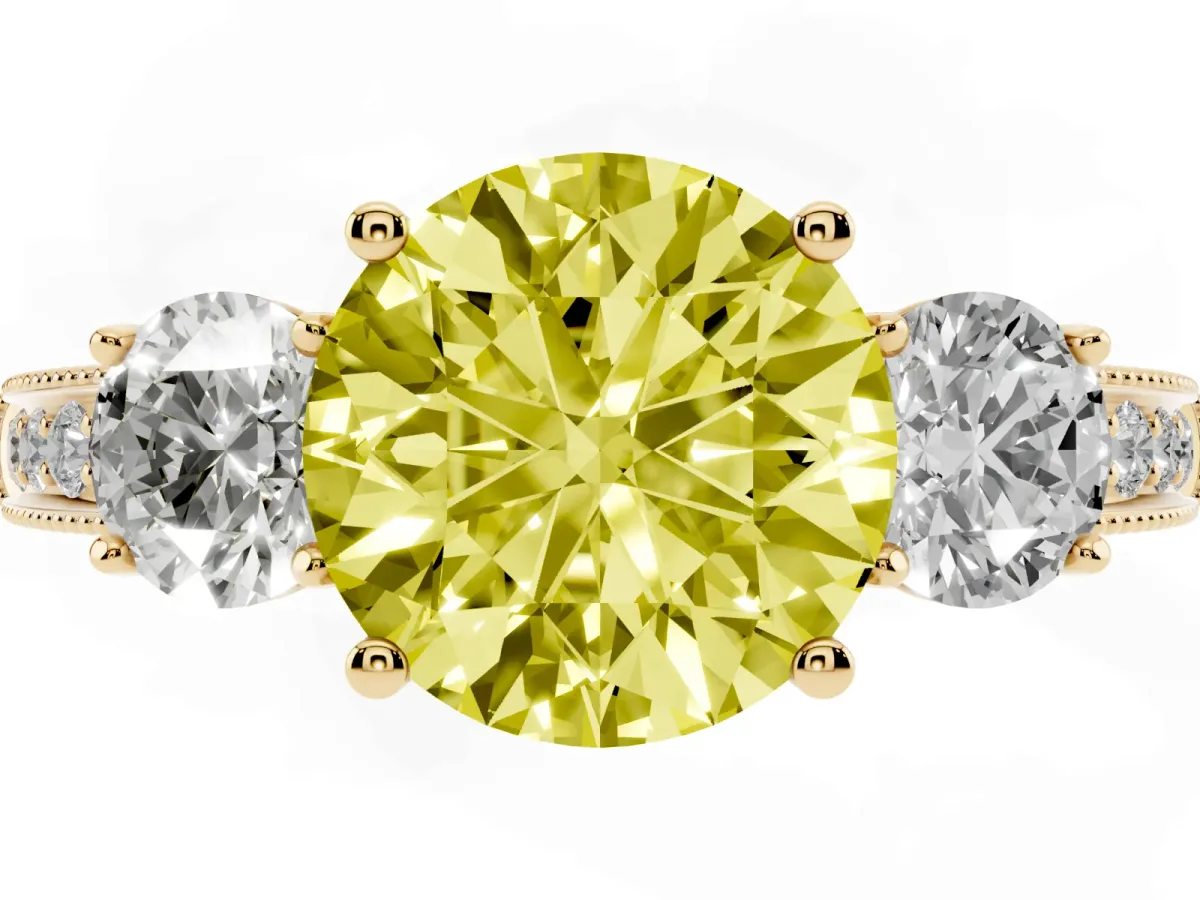 Fancy Yellow Round Cut Three-Stone Diamond Ring with Pavé Band and Four-Prong Setting Yellow gold