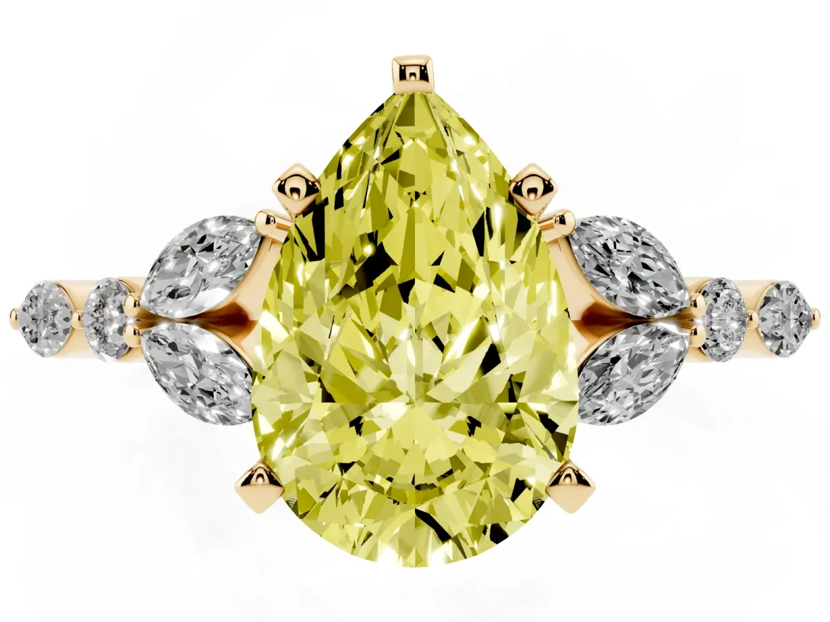 Fancy Yellow Pear Cut Diamond Solitaire Ring with Side Stones and Four-Prong Setting Yellow gold
