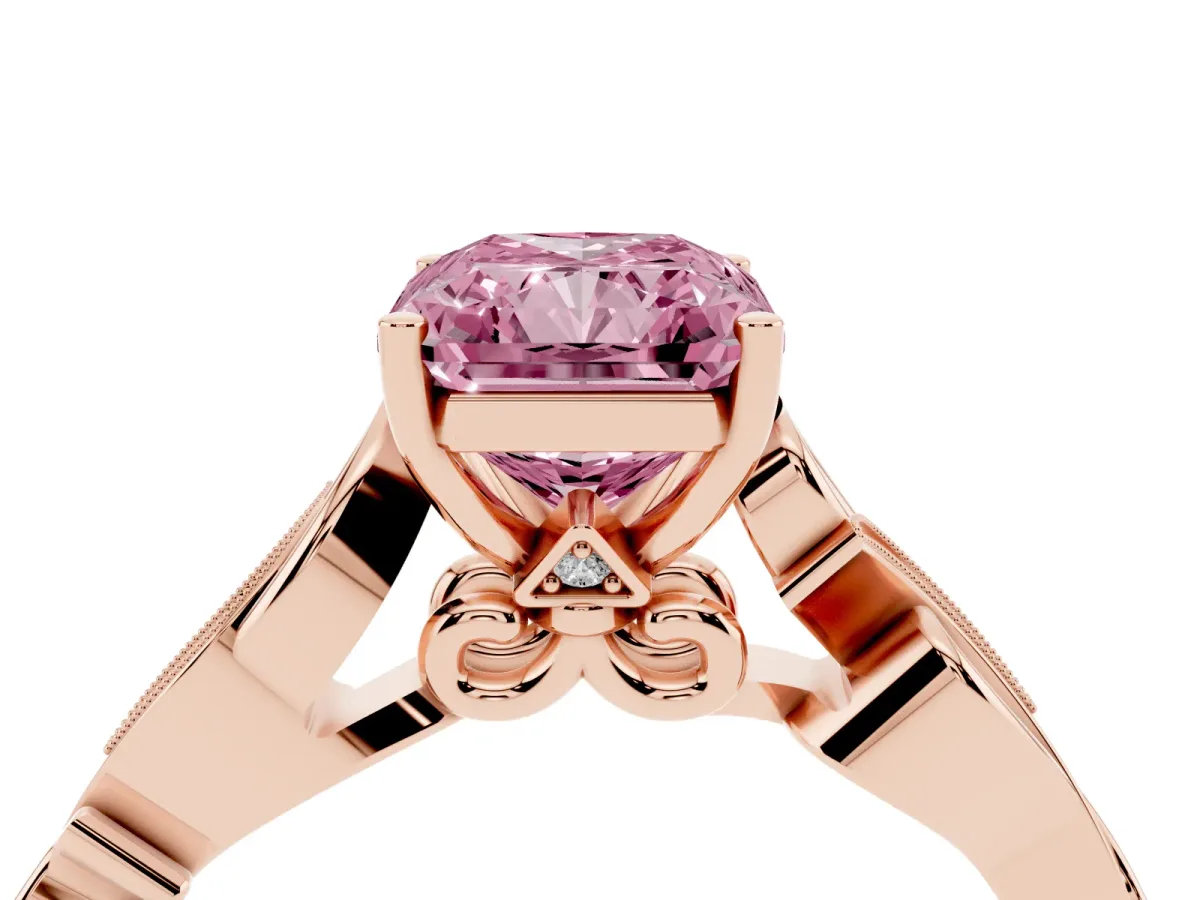 Fancy Pink Radiant Cut Solitaire Vine Band with Milgrain Prong Setting Rose gold