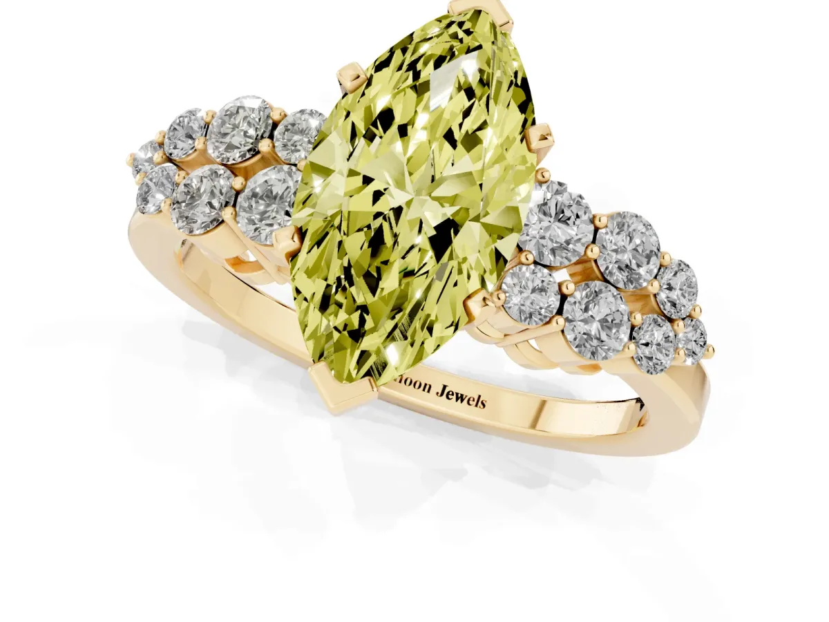 Fancy Yellow Marquise Cut Cluster Diamond Engagement Ring with Pavé Band and Four-Prong Setting Yellow gold