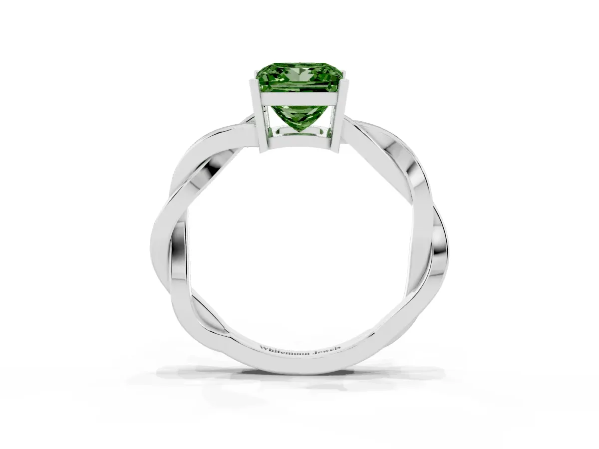 Fancy Green Princess Cut Solitaire Twisted Pave Diamond Ring with Four-Prong Setting Silver