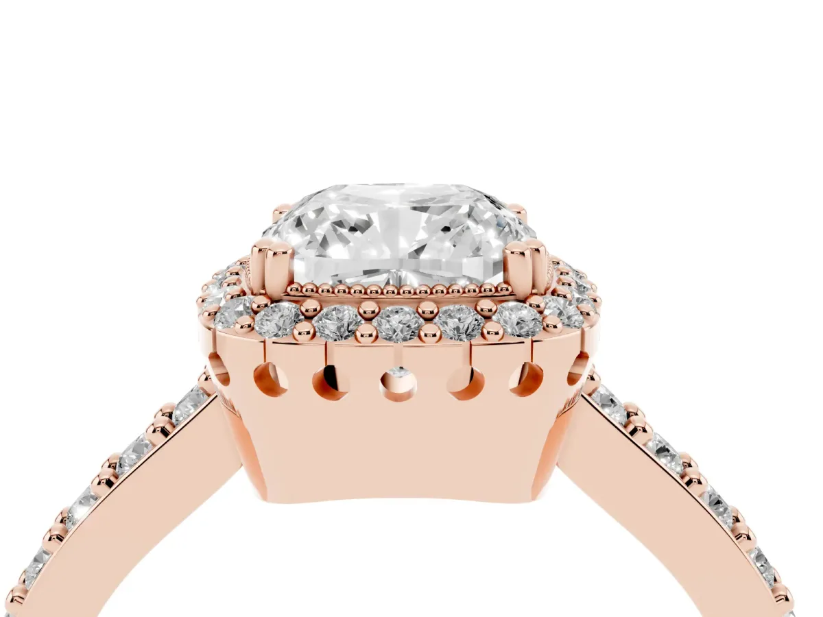 Cushion Cut Cut Diamond Halo Engagement Ring with Milgrain Detail and Pavé Band Rose gold