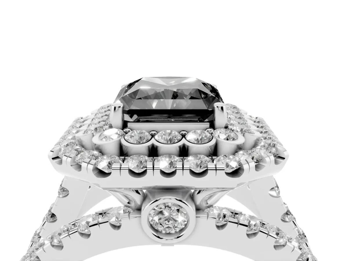 Fancy Black Radiant Cut Diamond Double Halo Ring with Round Pavé Split Shank and Prong Setting Silver
