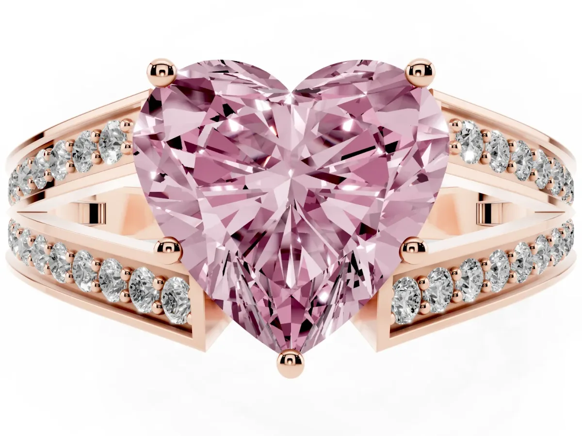 Fancy Pink Heart Cut Diamond Split Shank Ring with Pavé Band and Four-Prong Setting Rose gold