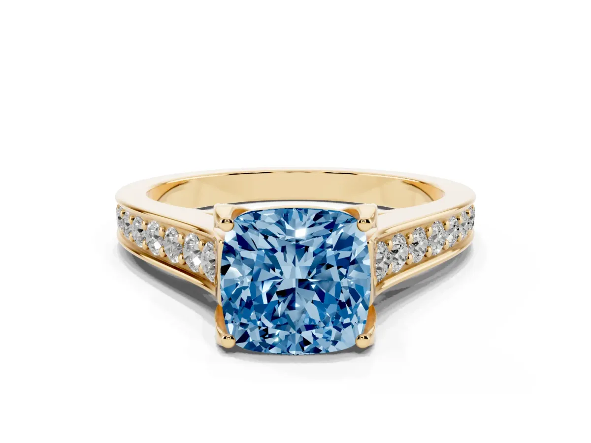 Fancy Blue Cushion Cut Brilliant Cut Diamond Engagement Ring with Pavé Band and Four-Prong Setting Yellow gold
