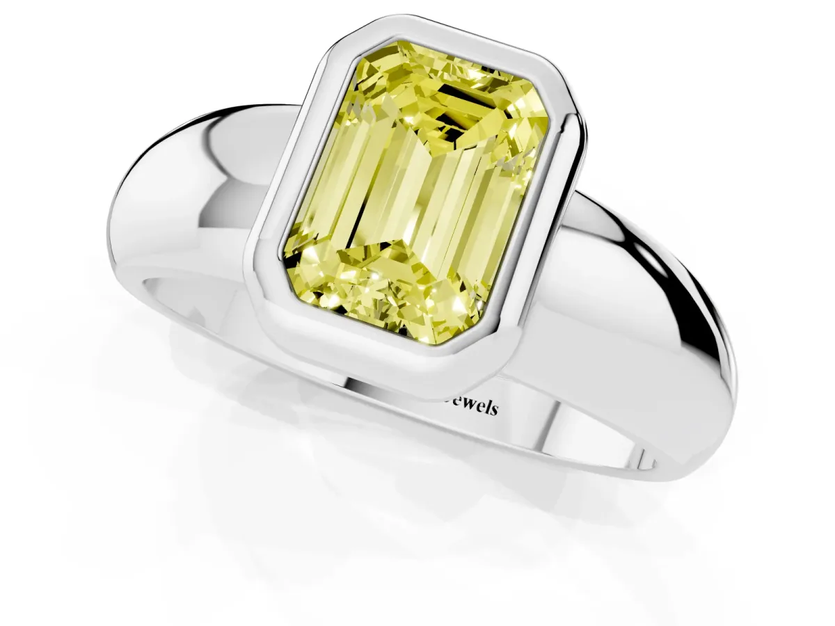 Fancy Yellow Bezel Set Emerald Cut Solitaire Ring with Wide Band White gold
