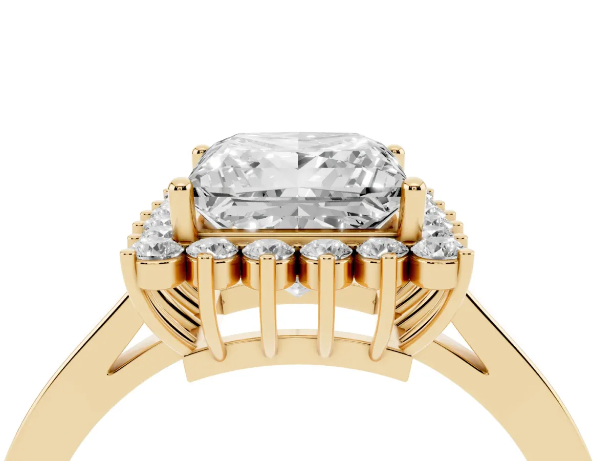 Princess Cut Cut Diamond Halo Ring with Round Brilliant Halo and Solitaire Band Yellow gold