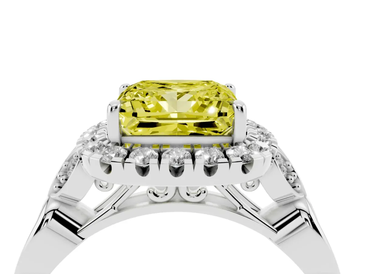Fancy Yellow Princess Cut Halo Diamond Engagement Ring with Vintage-Inspired Band and Four-Prong Setting White gold