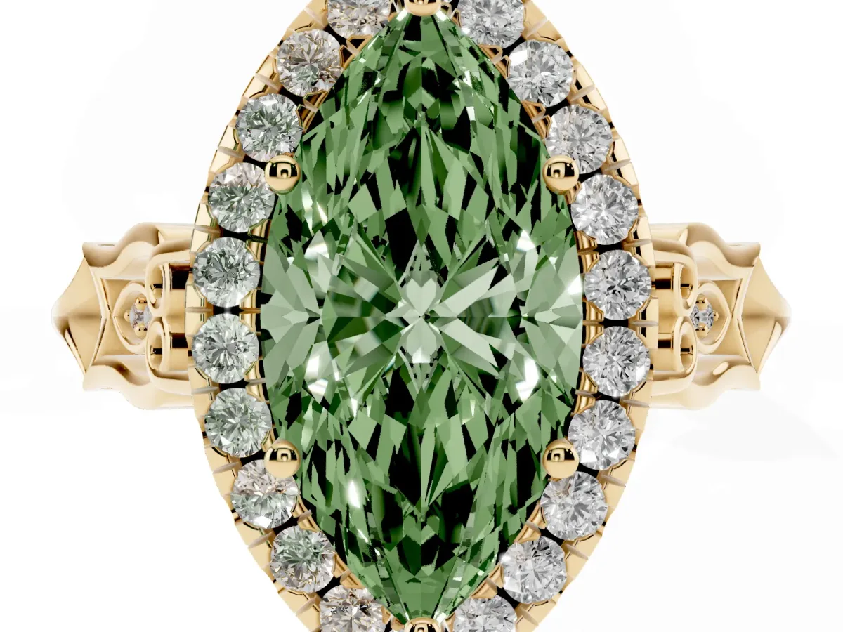 Fancy Green Marquise Cut Halo Diamond Engagement Ring with Filigree Band and Four-Prong Setting Yellow gold