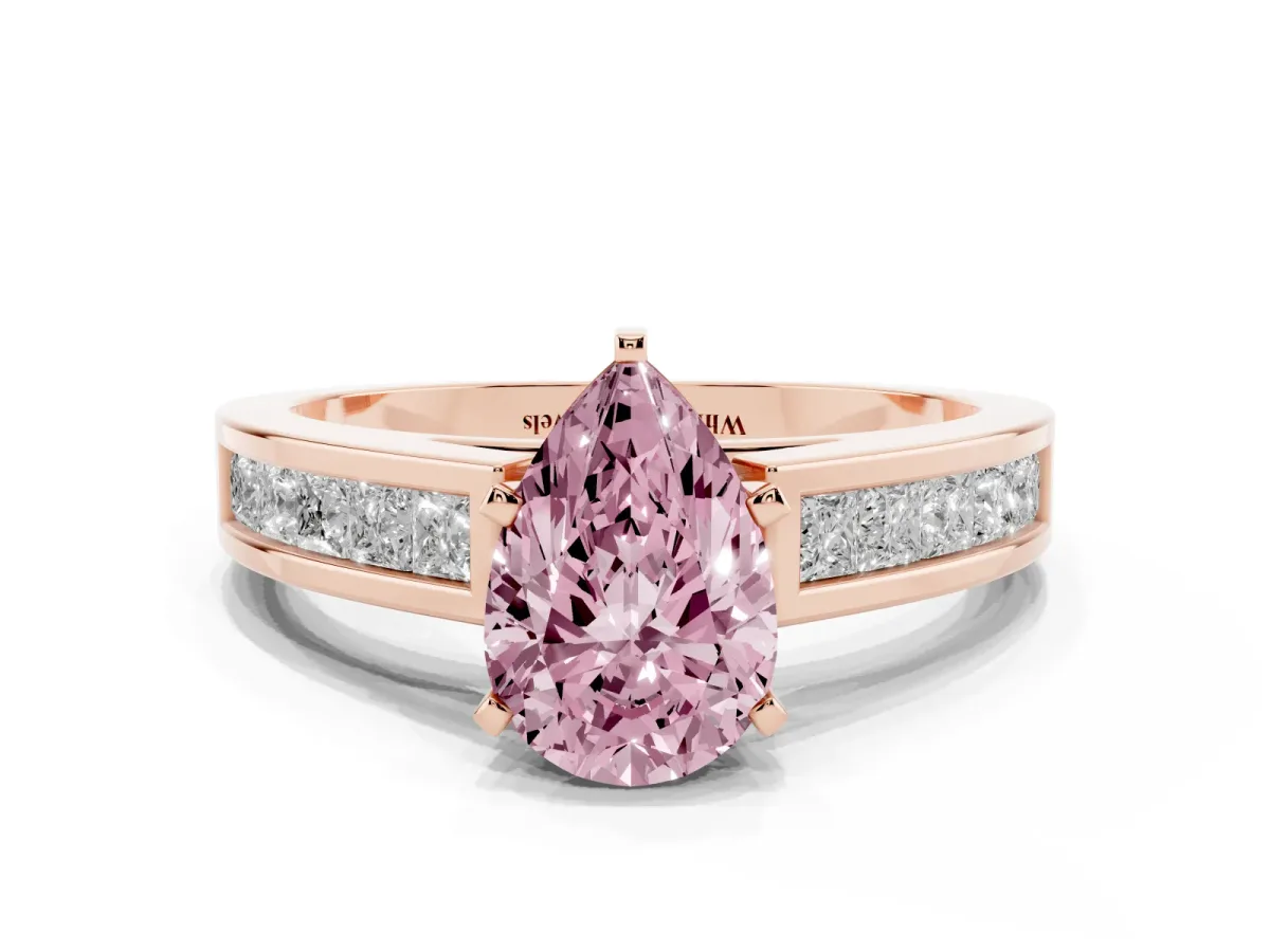 Fancy Pink Pear Cut Solitaire Diamond Ring with Channel-Set Band and Four-Prong Setting Rose gold