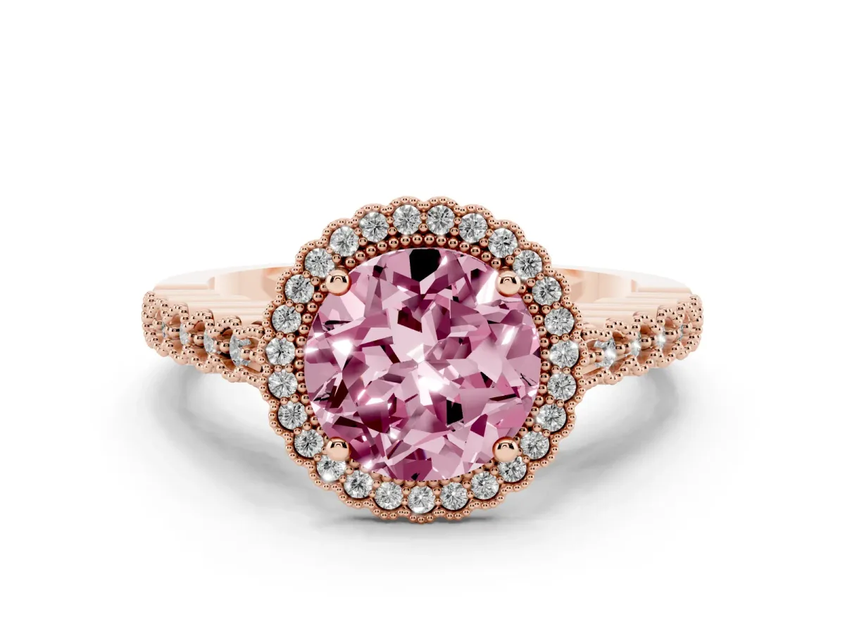 Fancy Pink Round Cut Cut Halo Pavé Solitaire Ring with Milgrain Band Rose gold
